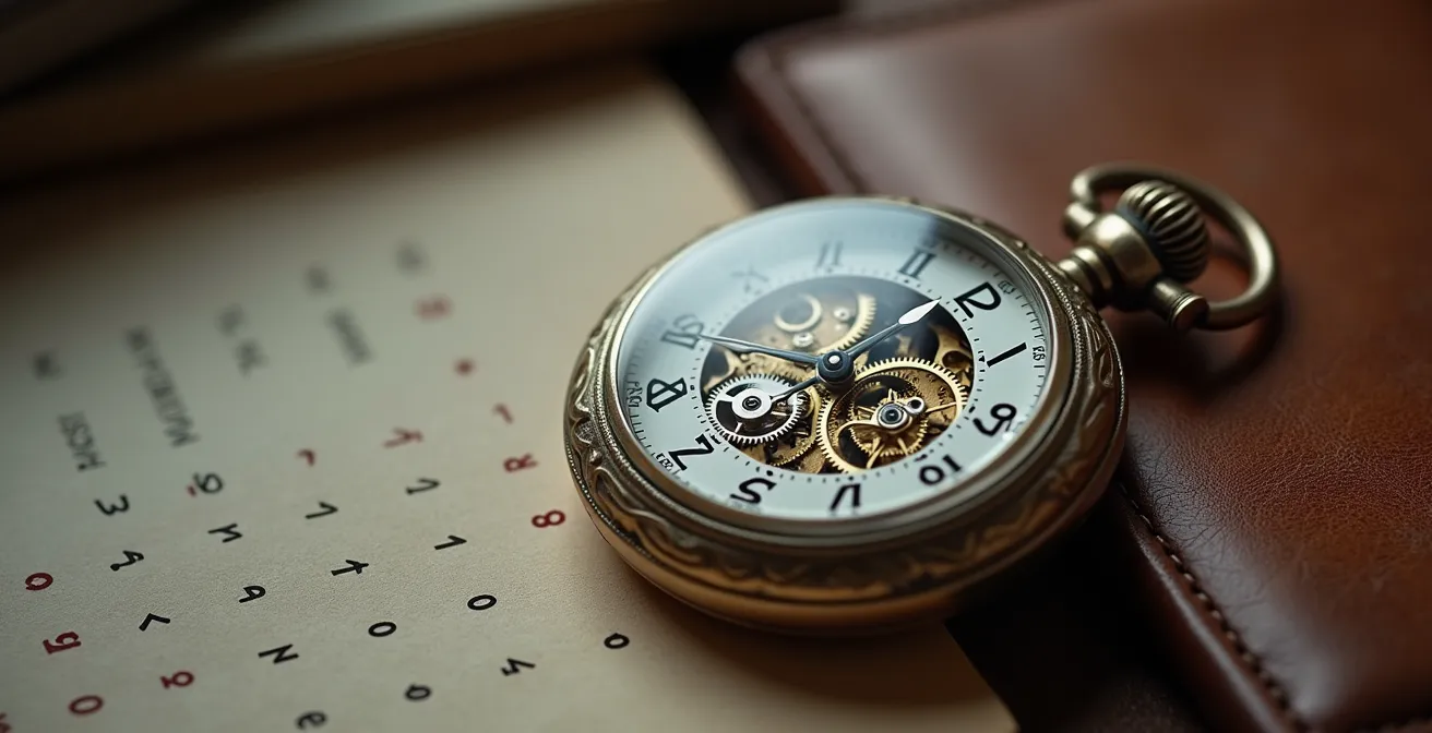 Horloge ancienne et calendrier sur bureau d'avocat avec lumière naturelle