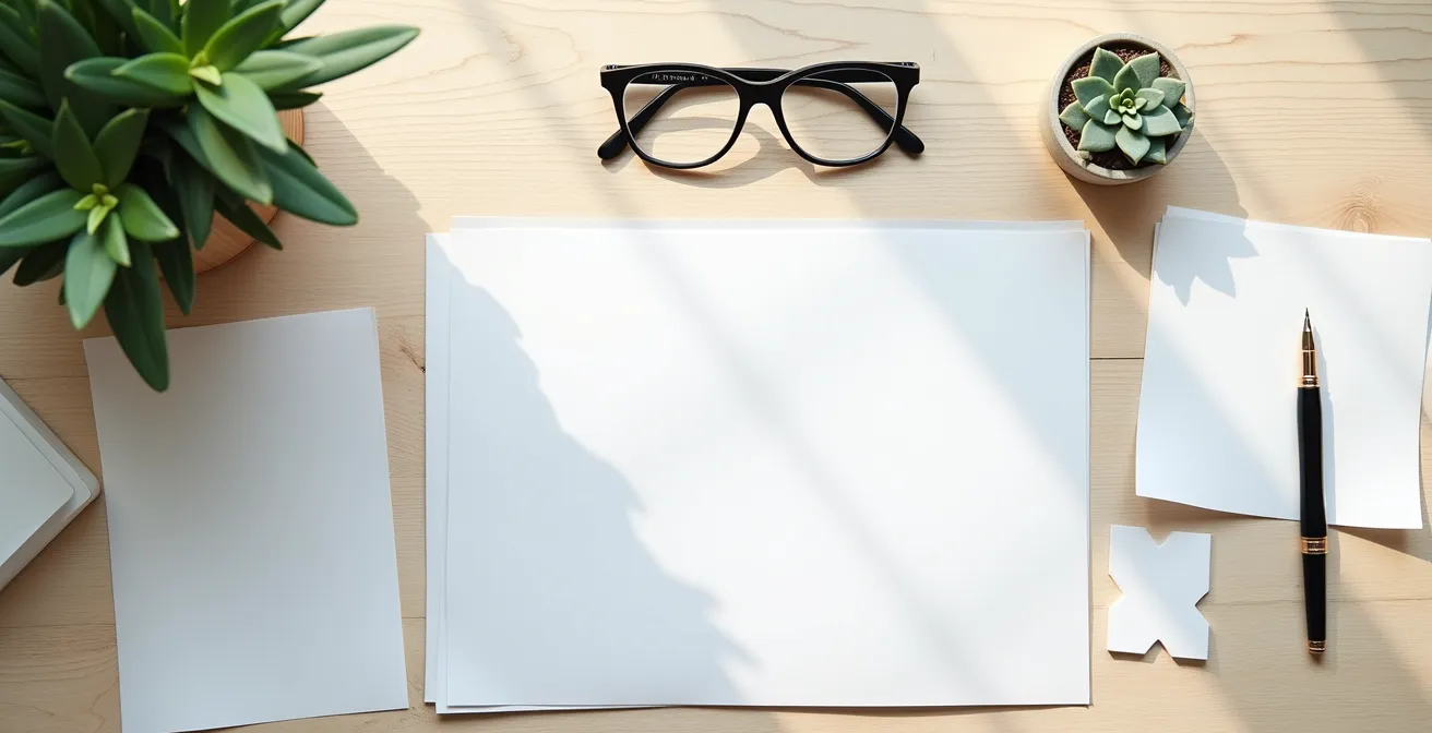 Vue aérienne minimaliste d'un bureau avec documents juridiques organisés