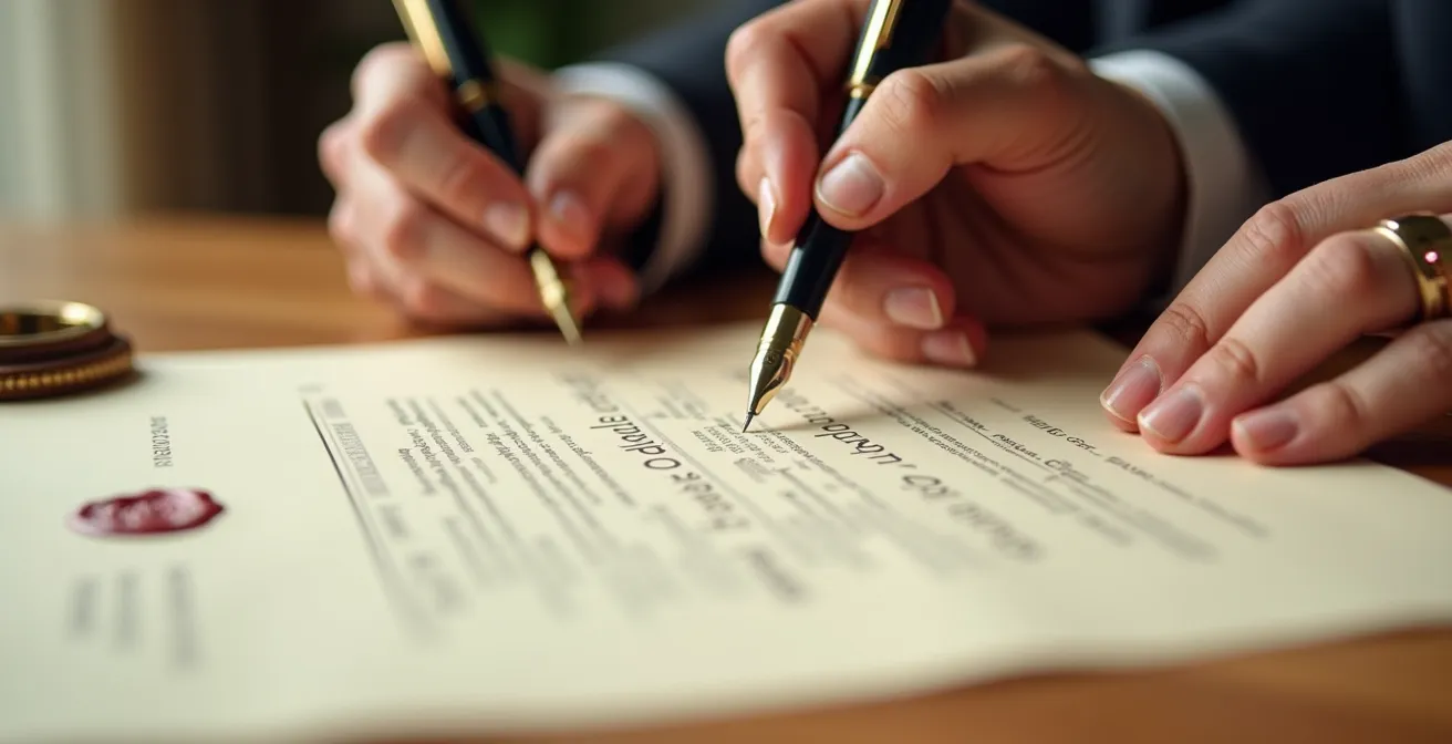Gros plan sur les mains d'un couple signant une convention de dissolution avec un stylo plume traditionnel