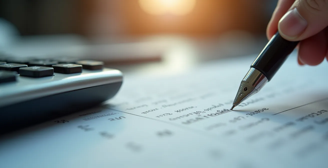 Vue macro sur des documents de contrat de travail avec stylo et calculatrice