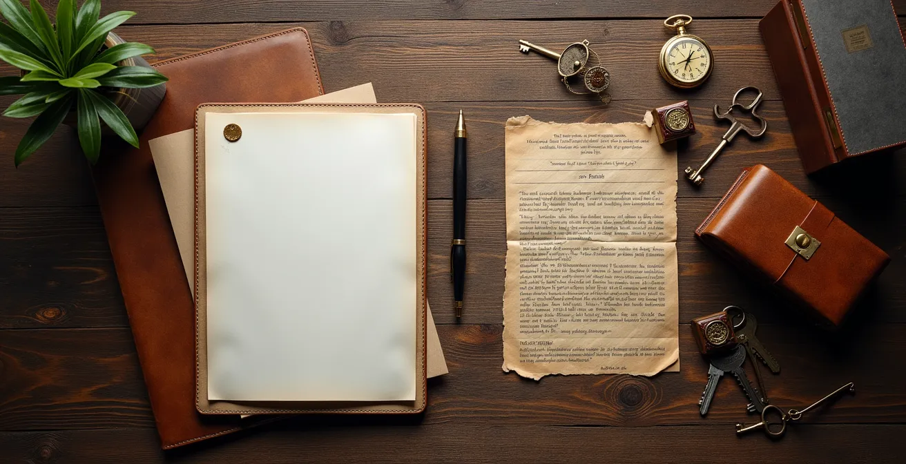 Vue aérienne de documents juridiques organisés sur un bureau avec accessoires professionnels