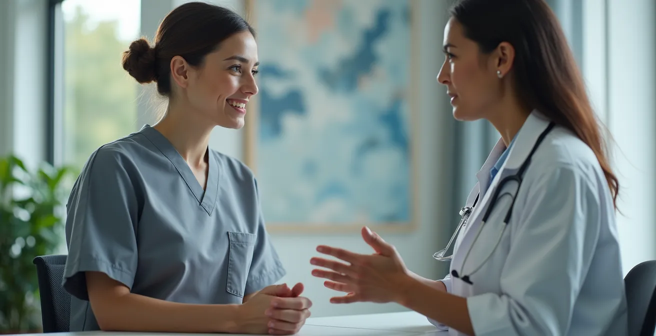 Employé en consultation avec un professionnel de la santé dans un environnement médical moderne, illustrant le processus d'accommodement au travail.