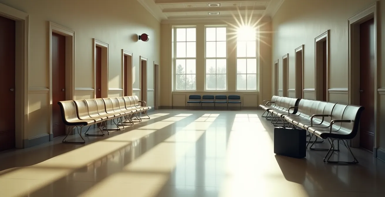Intérieur d'une salle d'audience du tribunal de la famille au Québec vue en grand angle