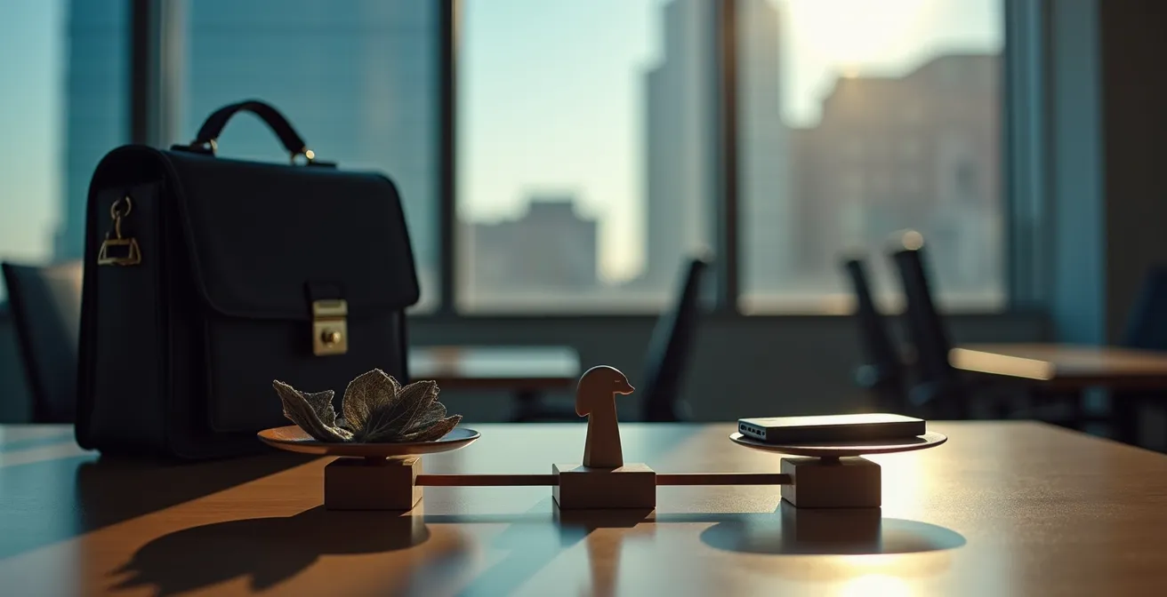 Métaphore visuelle de l'équilibre entre loyauté professionnelle et liberté personnelle au Québec