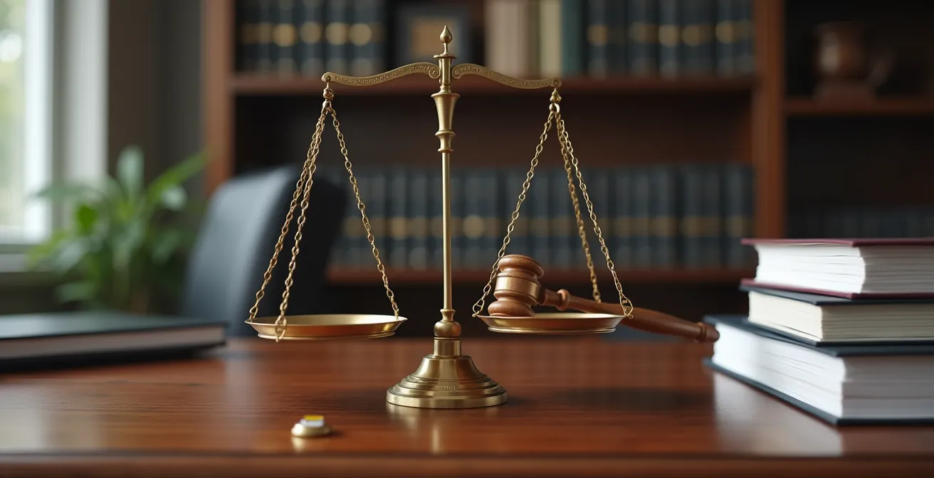Balance de justice équilibrée avec des documents d'un côté et un marteau de juge de l'autre, sur un bureau d'avocat, symbolisant l'évaluation de la force d'un dossier.