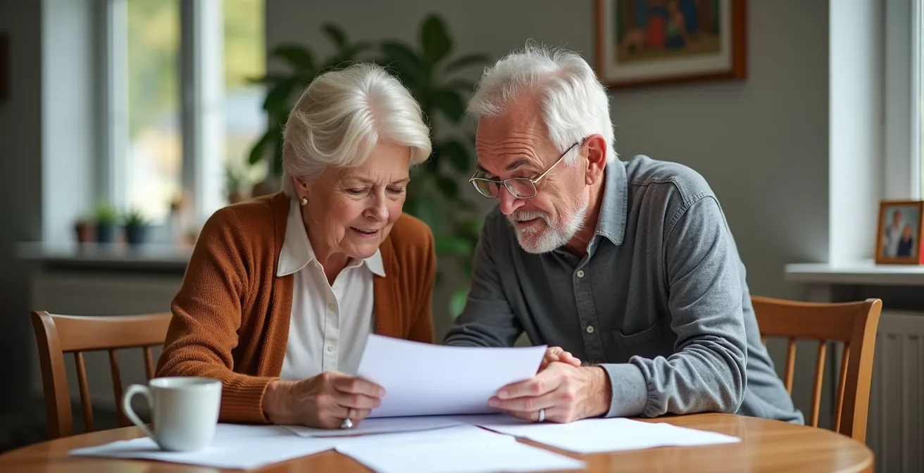 Couple de retraités québécois consultant des documents financiers dans un bureau lumineux