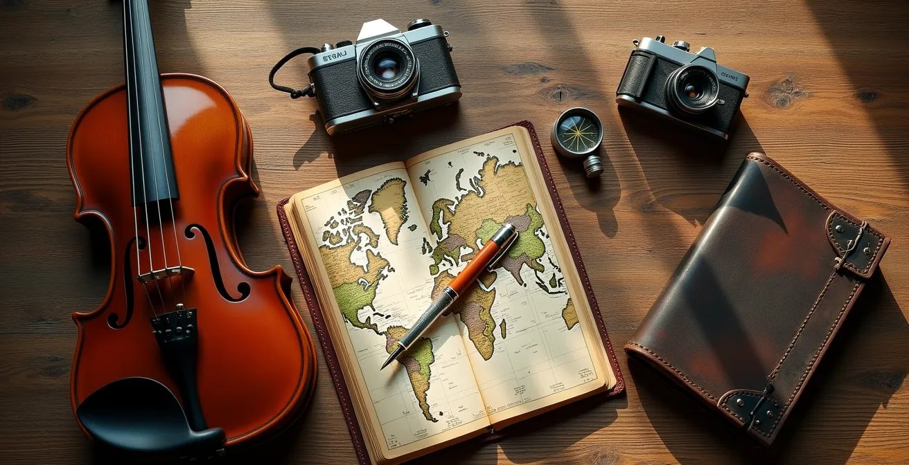 Nature morte symbolique représentant différents objets d'héritage personnalisés selon les passions des héritiers