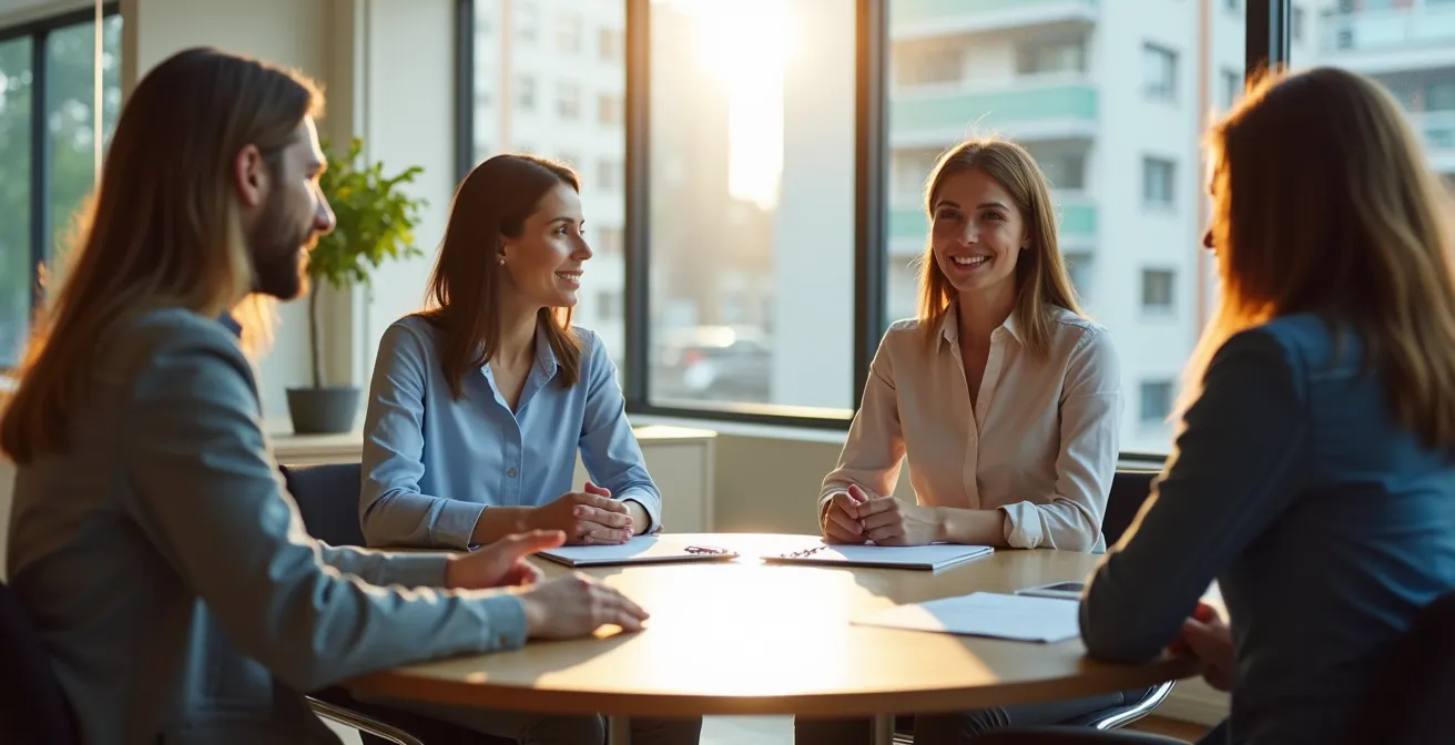 Séance de médiation collaborative dans un environnement professionnel moderne au Québec
