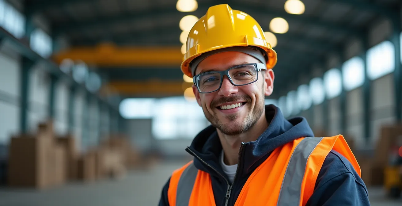 Employé en milieu industriel québécois avec équipement de protection individuelle complet