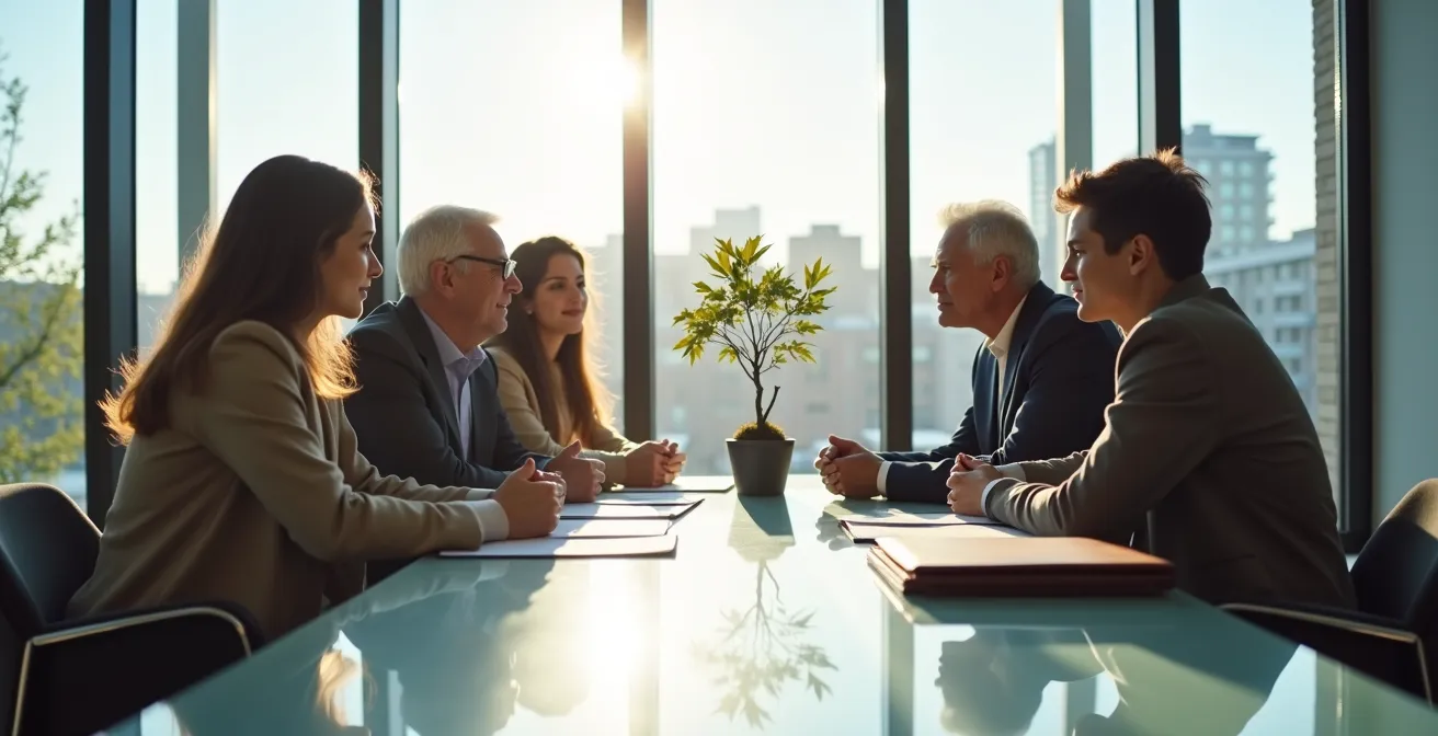 Famille québécoise en réunion de planification successorale dans un bureau moderne