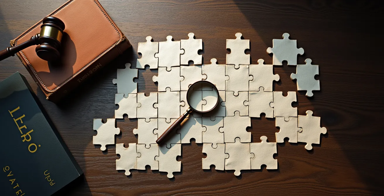 Documents éparpillés formant un puzzle avec une loupe grossissant des détails importants, symbolisant la construction d'un dossier de preuve pour discrimination.