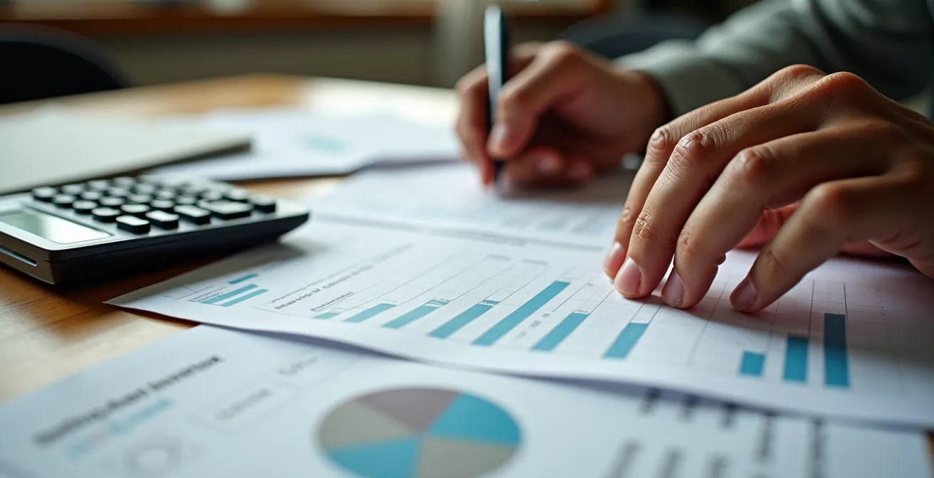 Main tenant des documents bancaires avec calculatrice sur bureau en bois