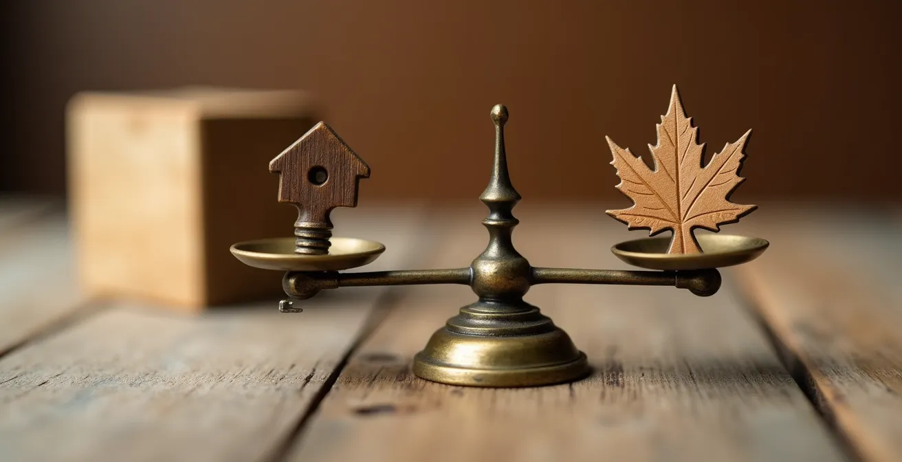 Balance symbolisant l'équité dans la séparation avec éléments familiaux québécois