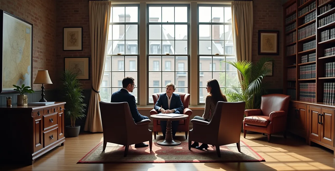 Réunion de famille dans un bureau de notaire québécois, atmosphère professionnelle et bienveillante