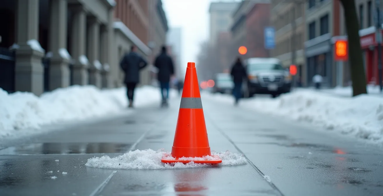 Trottoir glacé avec cône de signalisation orange devant un bâtiment municipal québécois
