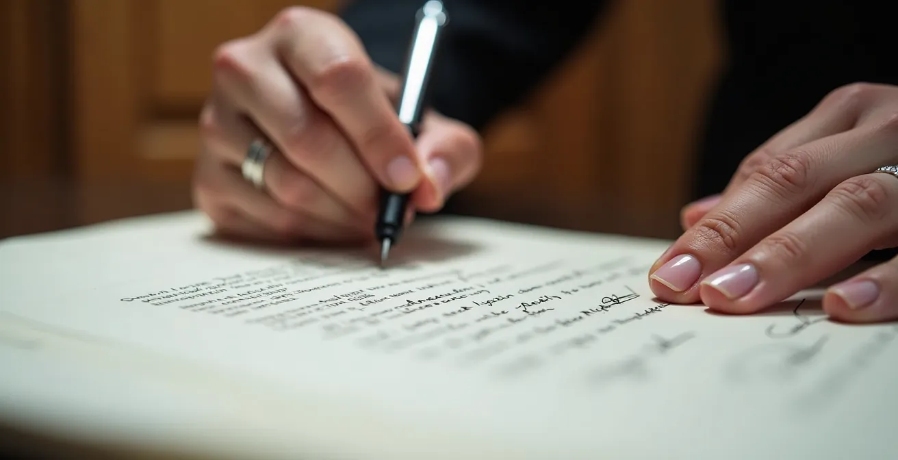 Gros plan sur la signature d'un contrat de mariage chez le notaire au Québec