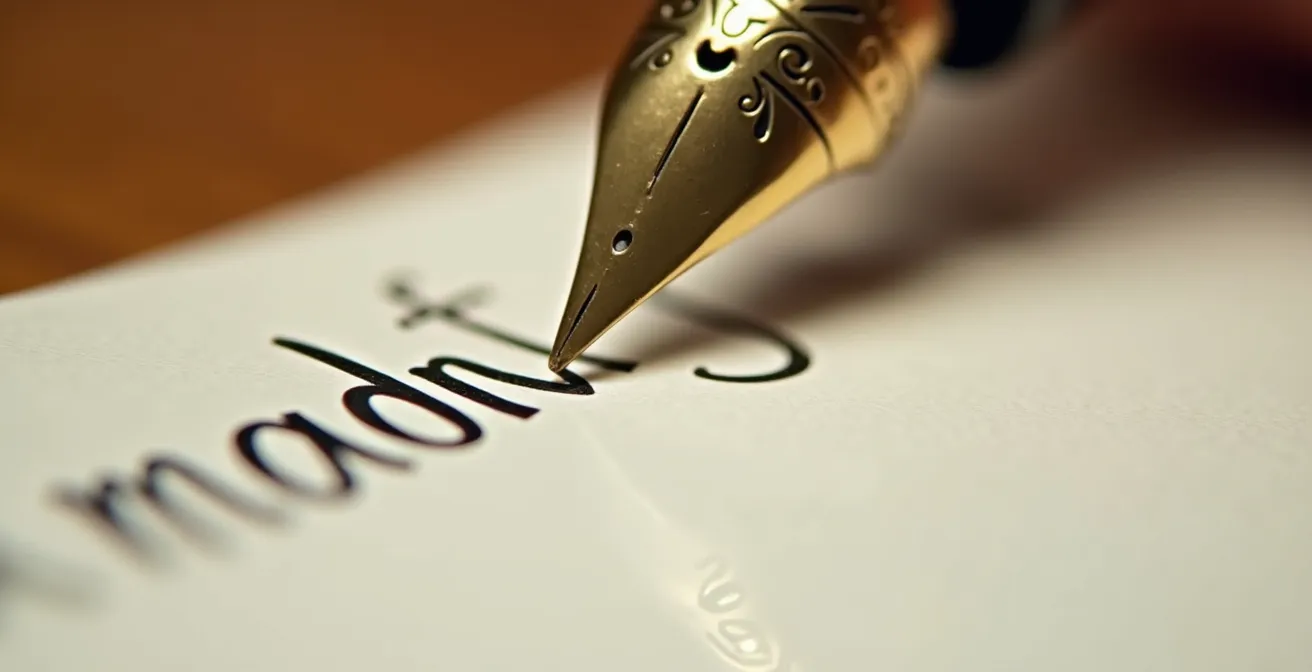 Gros plan d'une main écrivant un testament à la plume sur papier blanc