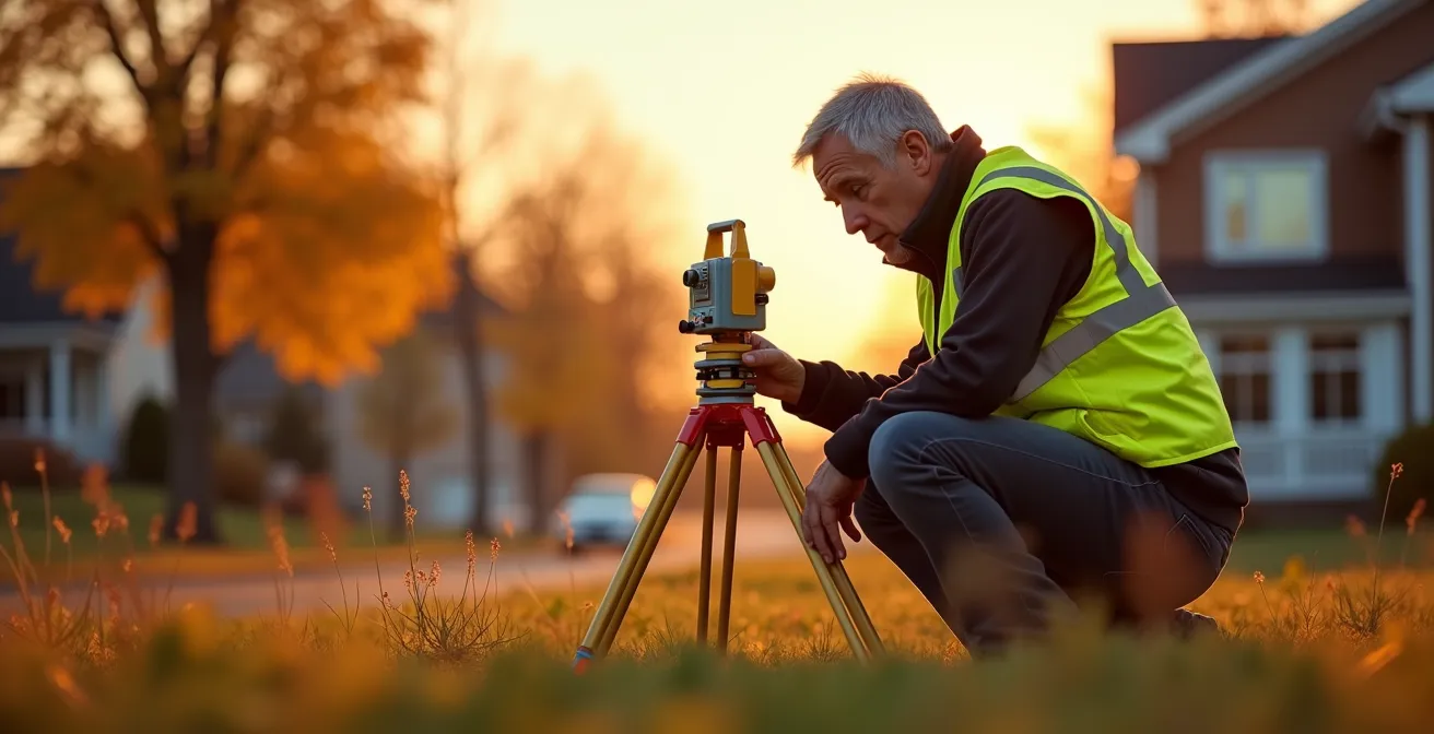Arpenteur-géomètre professionnel analysant un terrain résidentiel au Québec avec ses instruments de mesure