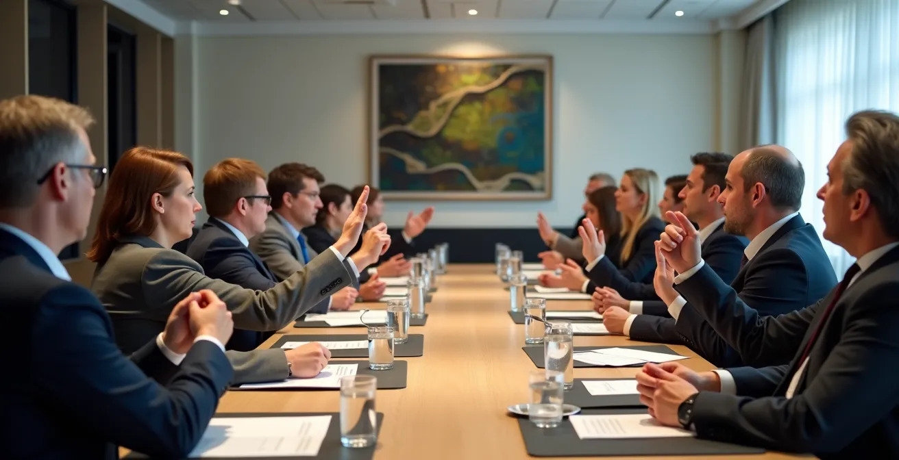 Assemblée de copropriétaires en plein vote dans une salle de réunion au Québec