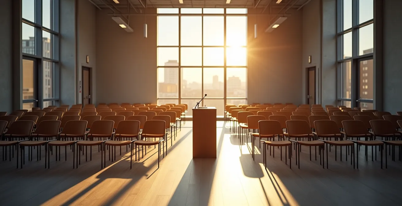 Vue large d'une salle de réunion moderne avec rangées de chaises vides face à un podium