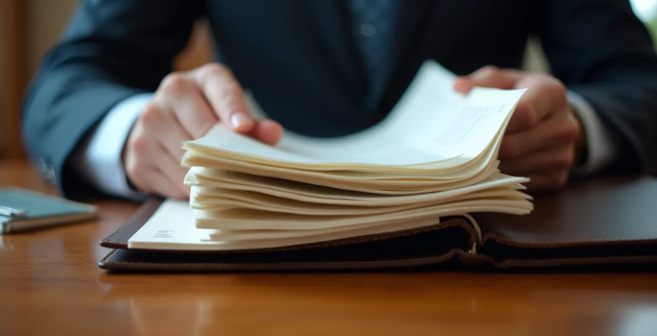 Gros plan des mains d'un avocat tenant des documents juridiques dans un palais de justice québécois