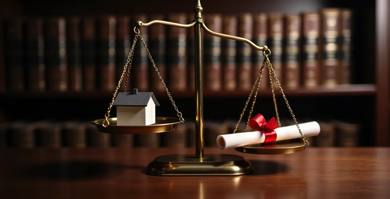 Balance de justice en laiton avec documents flous en arrière-plan