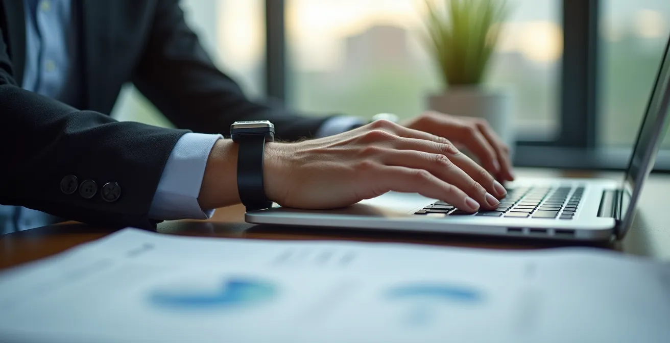 Bracelet électronique de surveillance au poignet d'une personne travaillant à domicile, symbolisant le sursis au Québec