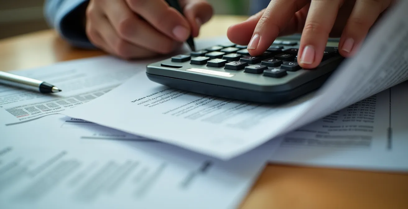 Vue macro de calculs financiers et documents notariaux sur bureau professionnel