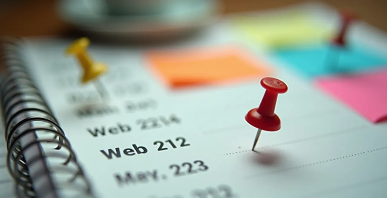 Calendrier de bureau avec épingles colorées marquant les dates importantes des conditions