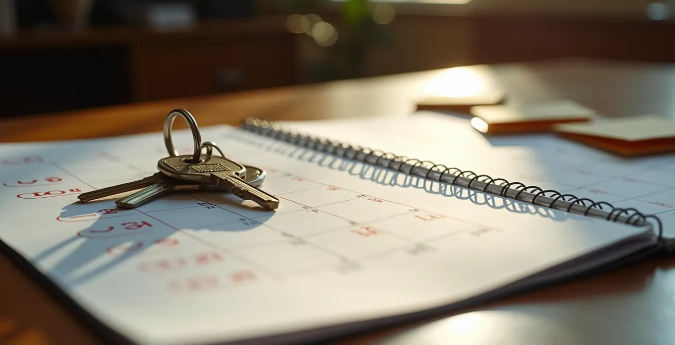 Calendrier de bureau avec dates cerclées et clés de maison posées dessus illustrant la planification stratégique