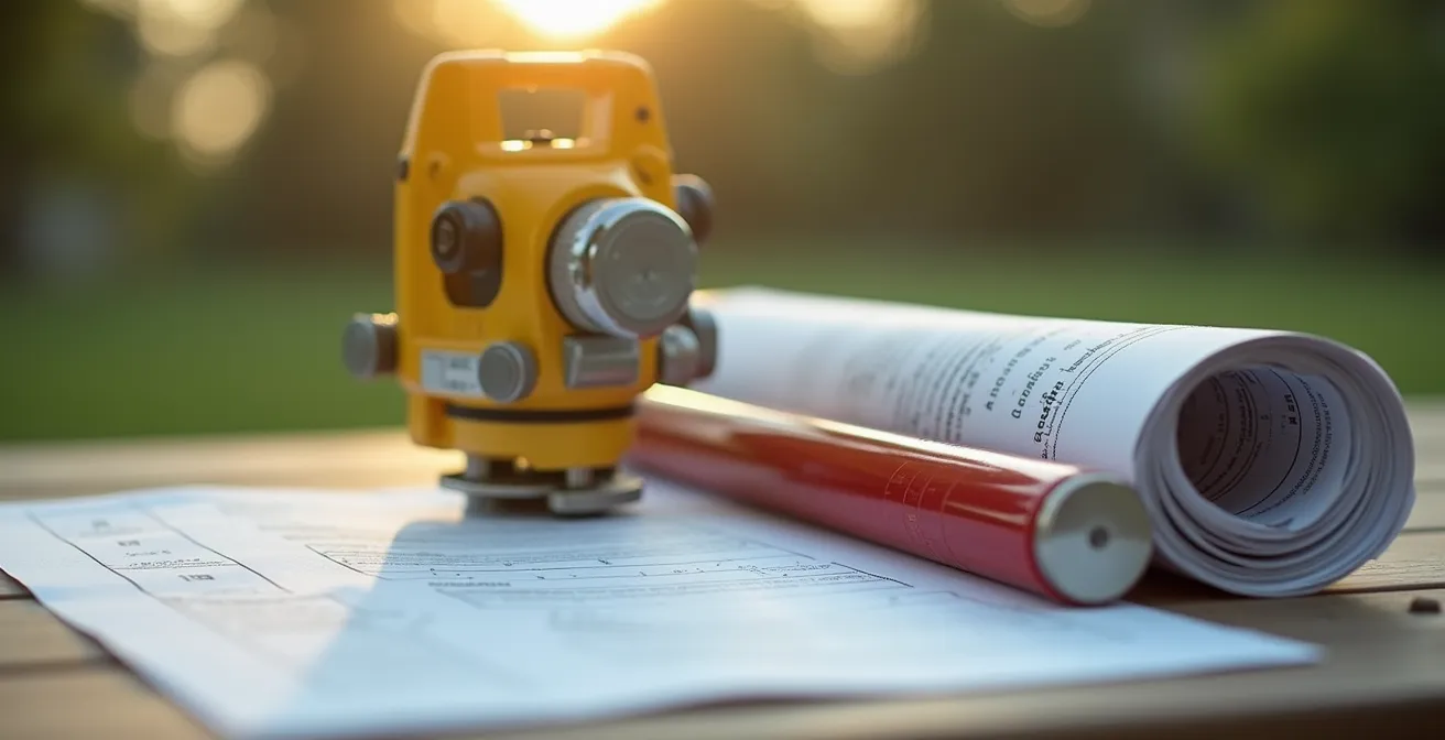 Certificat de localisation et instruments d'arpenteur-géomètre sur un terrain résidentiel québécois