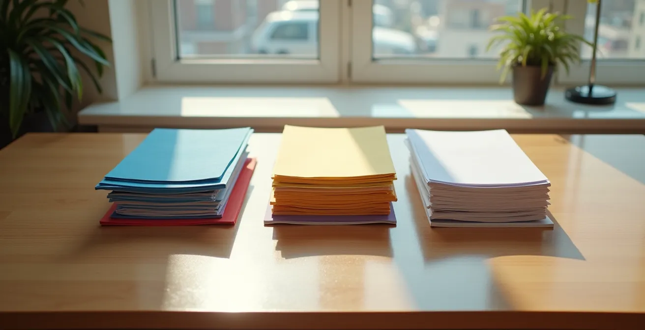 Vue aérienne de trois types de documents de bail disposés sur une table en bois au Québec