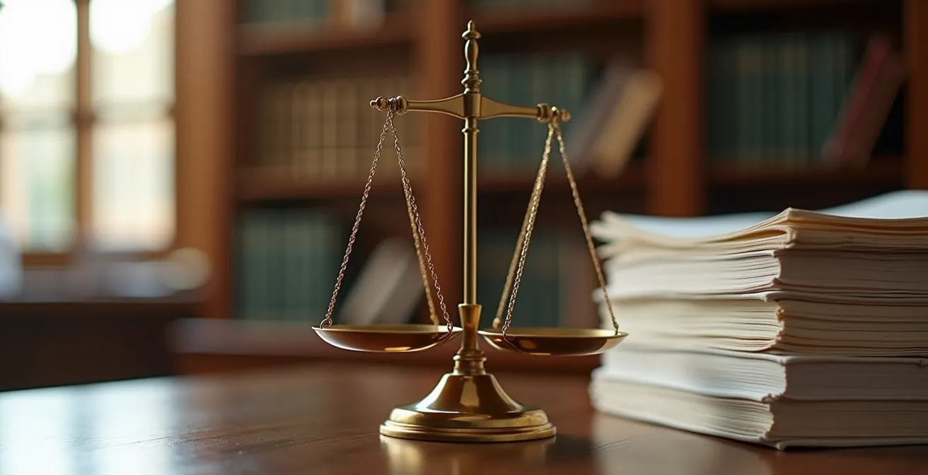 Vue symbolique d'une balance de justice avec des documents d'appel en arrière-plan flou