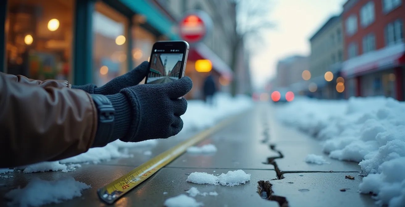 Personne photographiant un trottoir défectueux avec repères visuels en arrière-plan