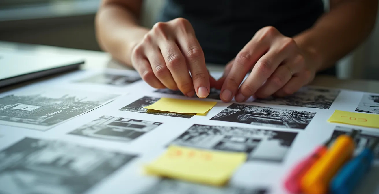 Gros plan sur des mains organisant méthodiquement des documents et photos comme preuves pour le TAL