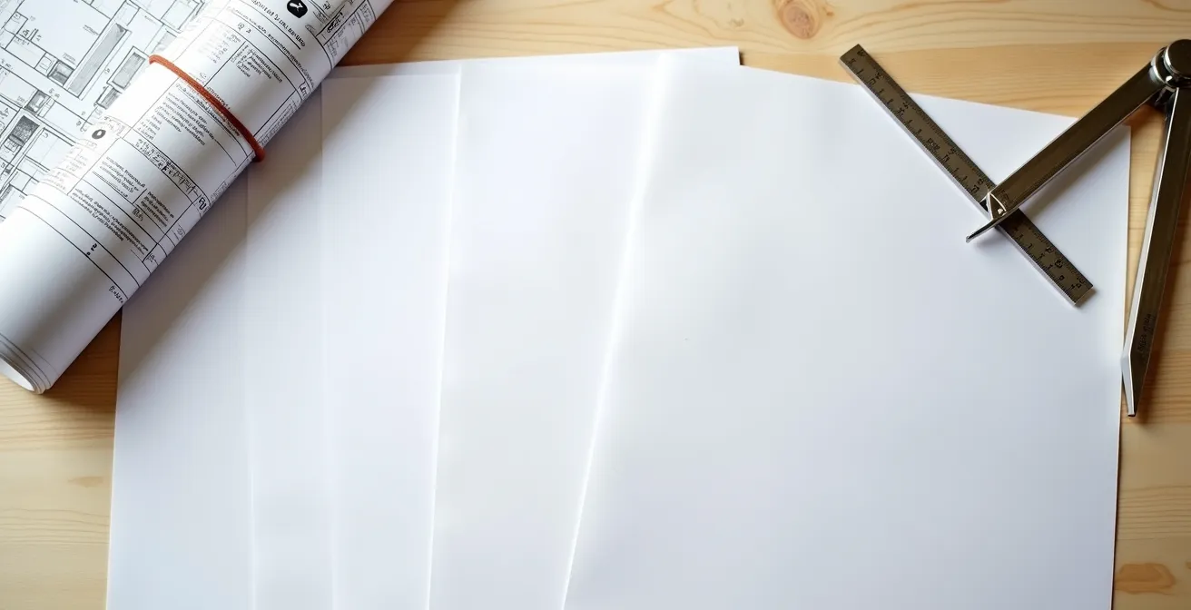 Vue aérienne de documents de construction organisés méthodiquement sur un bureau d'architecte