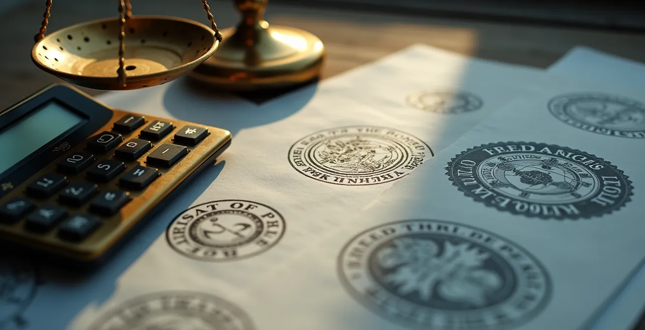 Gros plan sur des documents juridiques québécois avec calculatrice et balance de justice