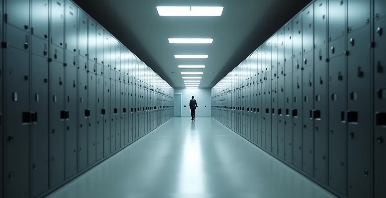 Vue large d'un couloir d'archives judiciaires avec rangées de classeurs métalliques