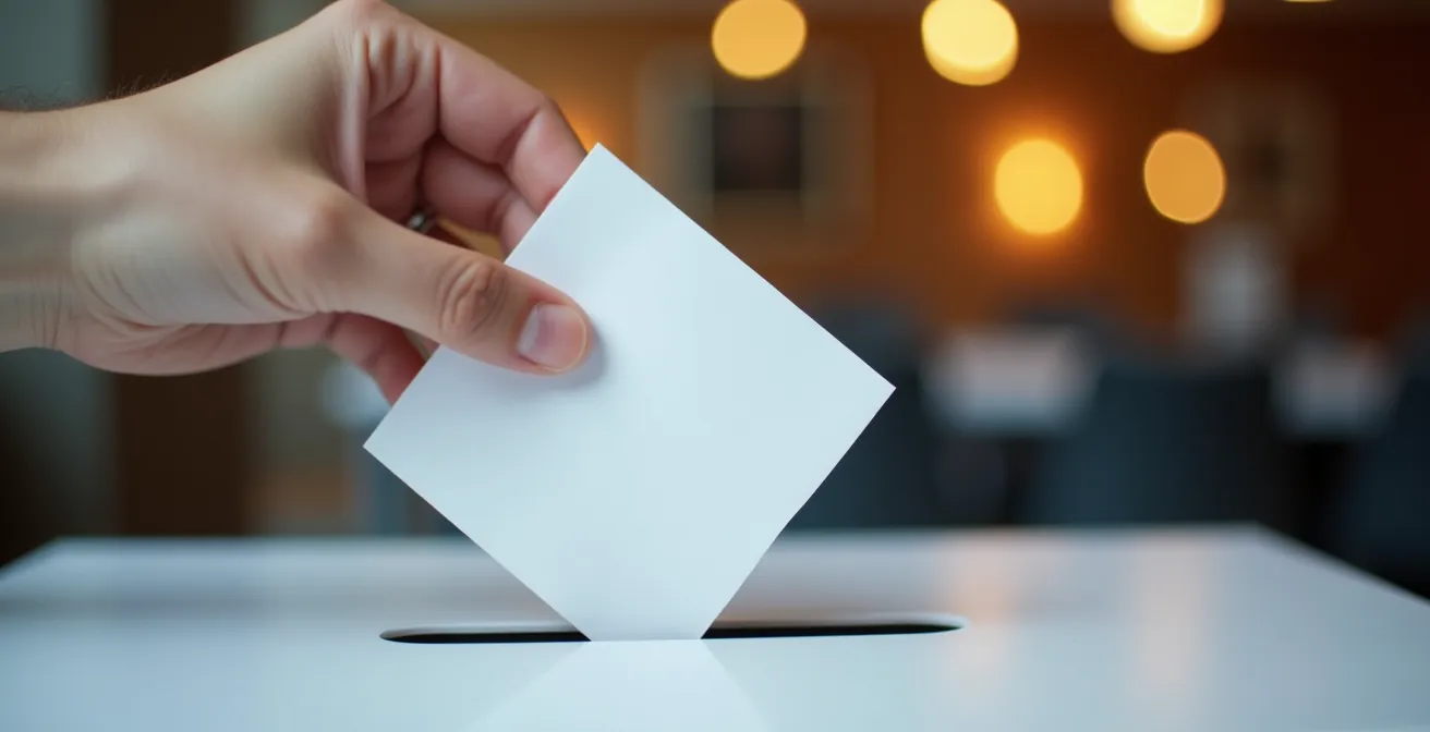 Vue macro d'un bulletin de vote avec main déposant un document dans une urne