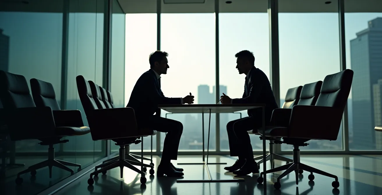 Scène d'entrevue d'embauche dans un bureau québécois moderne avec deux personnes en discussion
