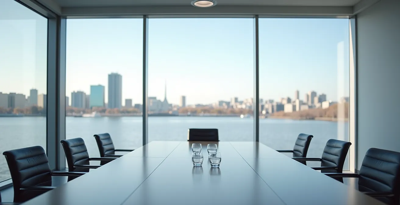 Salle de médiation moderne et épurée avec vue sur le fleuve Saint-Laurent à Québec