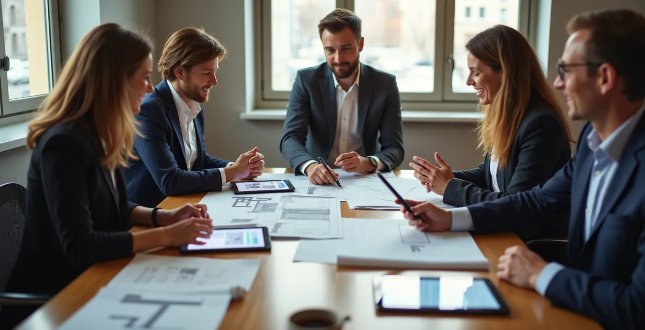 Équipe d'experts en urbanisme québécois réunis autour d'une table avec plans et documents