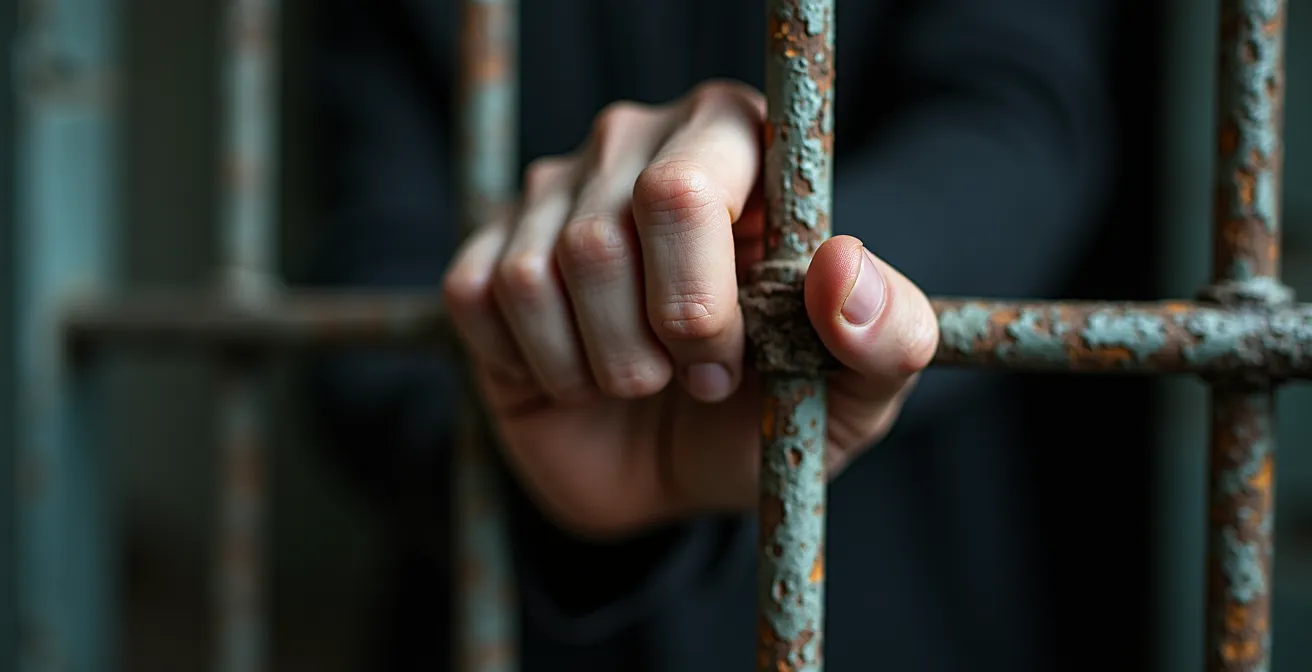 Main tenant des barreaux de cellule avec effet de profondeur de champ