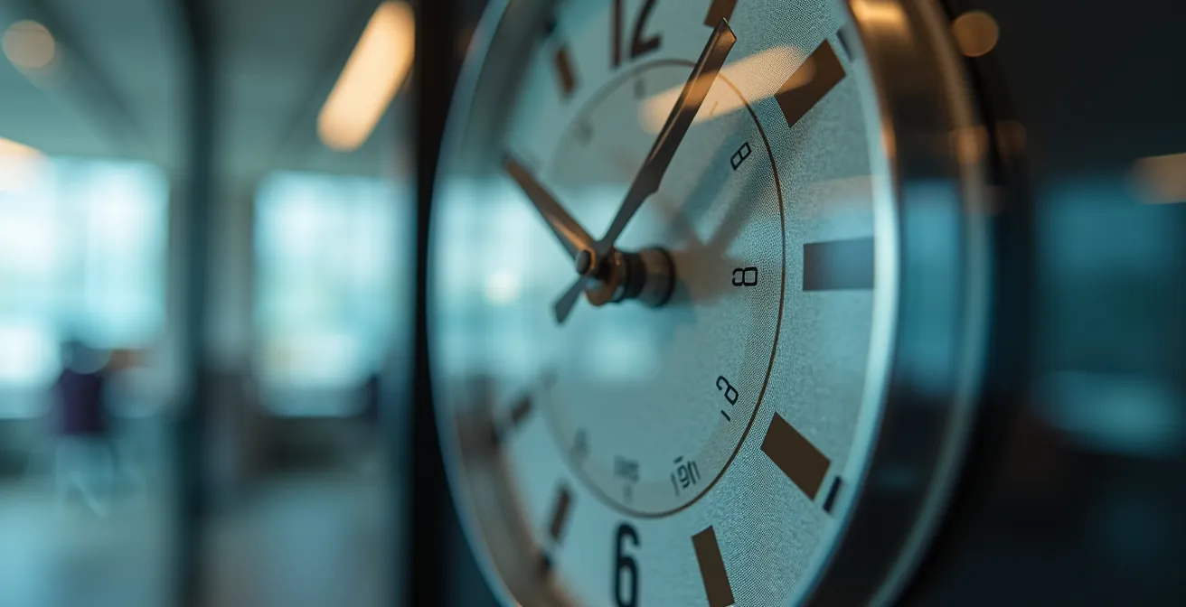 Horloge murale dans un environnement de bureau québécois symbolisant l'urgence des délais