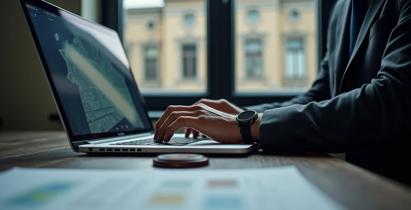 Huissier de justice réalisant un constat numérique sur ordinateur portable dans un bureau québécois