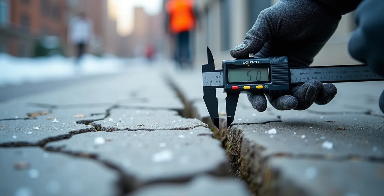 Ingénieur expert mesurant les défauts d'un trottoir municipal avec équipement professionnel