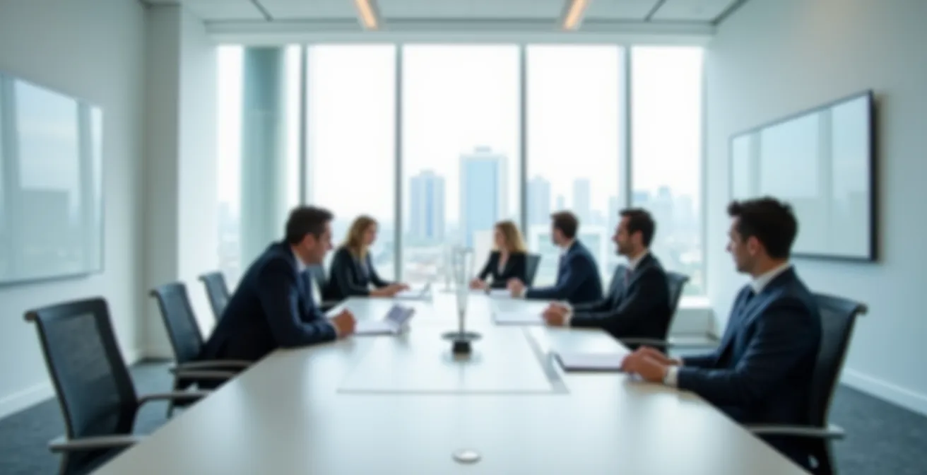 Vue large d'une salle de réunion moderne avec participants en discussion professionnelle