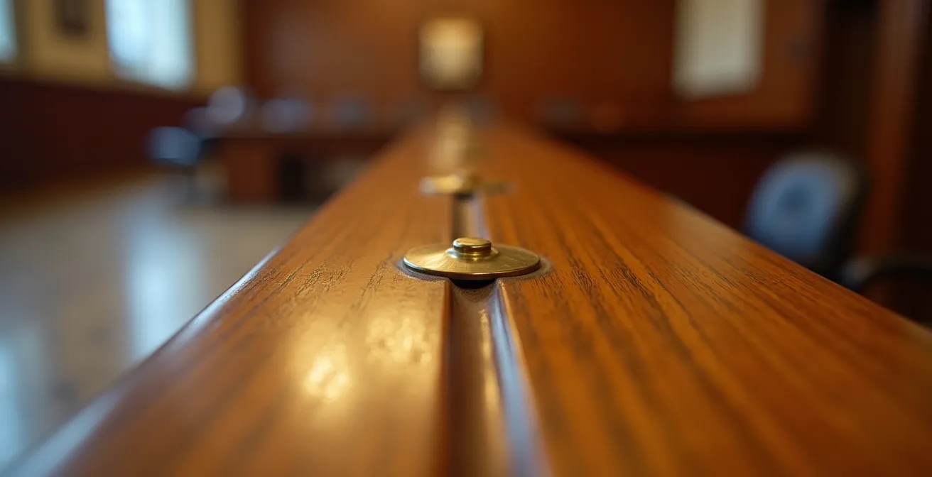 Hall d'entrée moderne d'un palais de justice québécois avec comptoir d'accueil