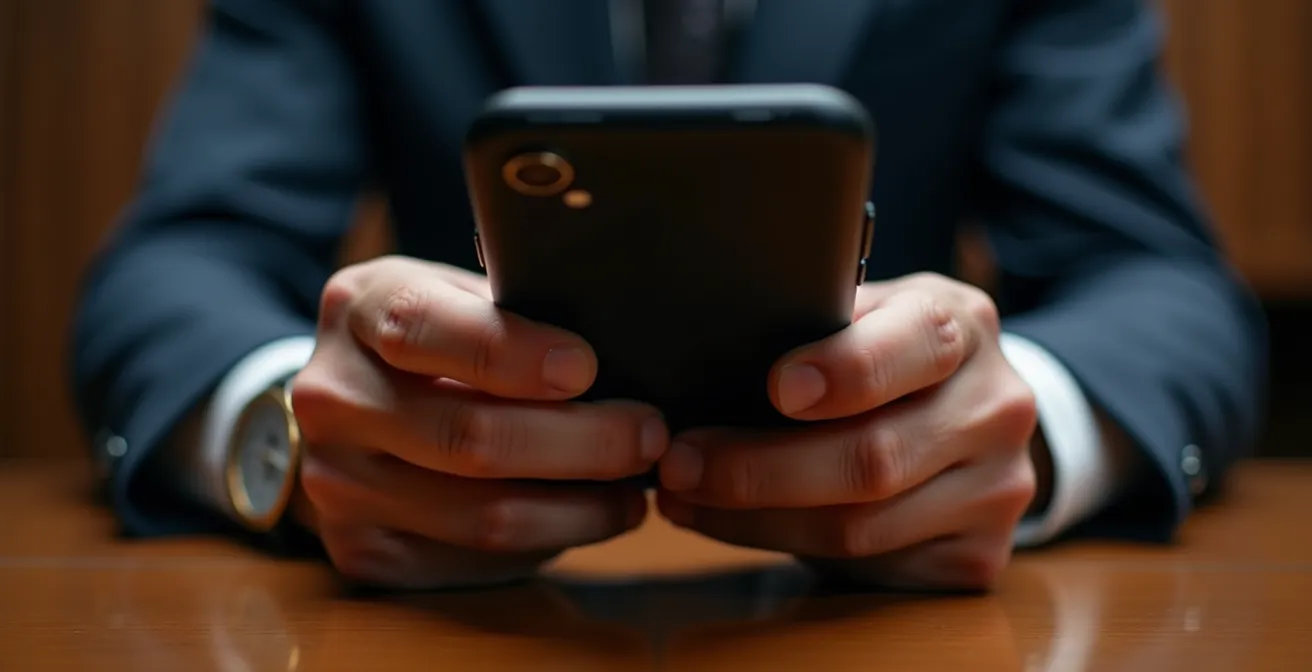 Gros plan sur des mains tenant un téléphone éteint devant une table de tribunal