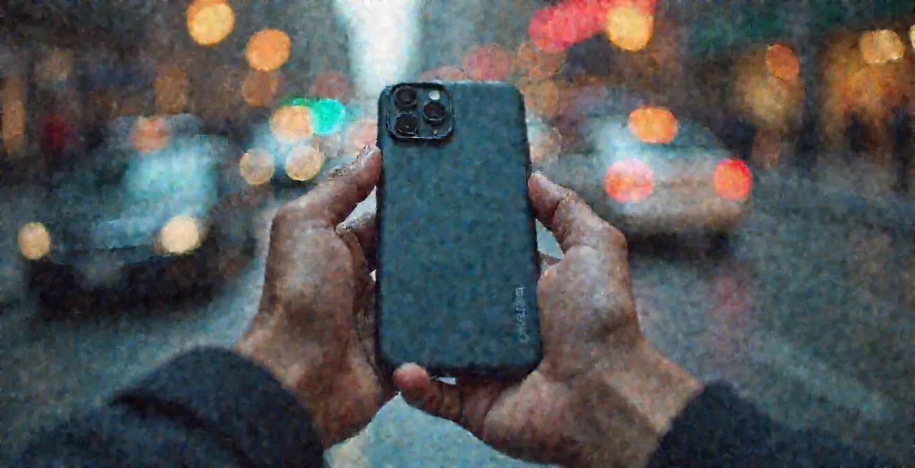 Mains tenant un smartphone montrant l'arrière de l'appareil avec une scène de rue floue en arrière-plan